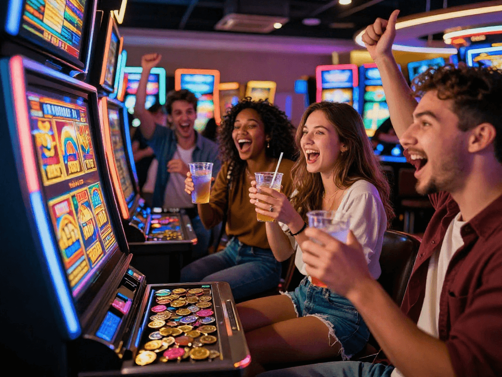 Excited friends celebrating a slot jackpot win at a casino, vibrant atmosphere.