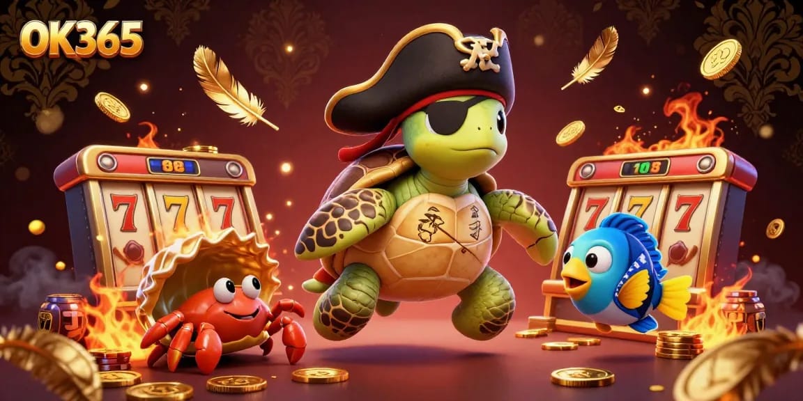 Engage with thrilling gameplay at OK365, featuring a vibrant casino scene with 3D characters and slot elements.
