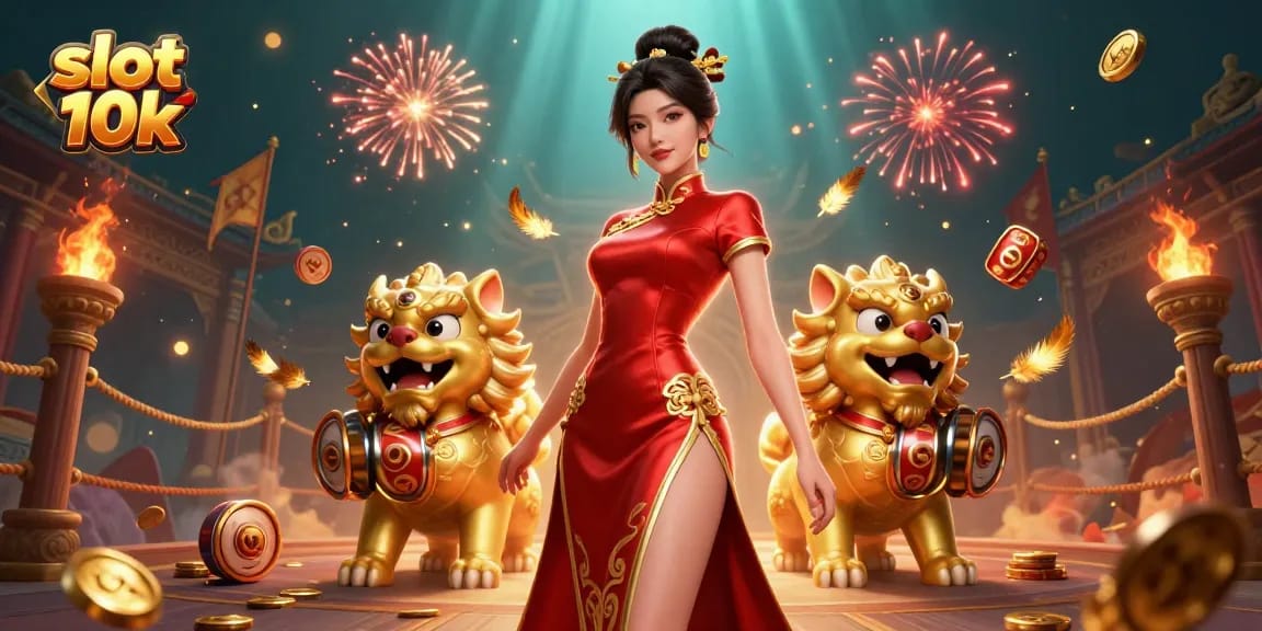 Experience the excitement of slot 10k with colorful fireworks and a glamorous dancer in a dynamic casino scene.
