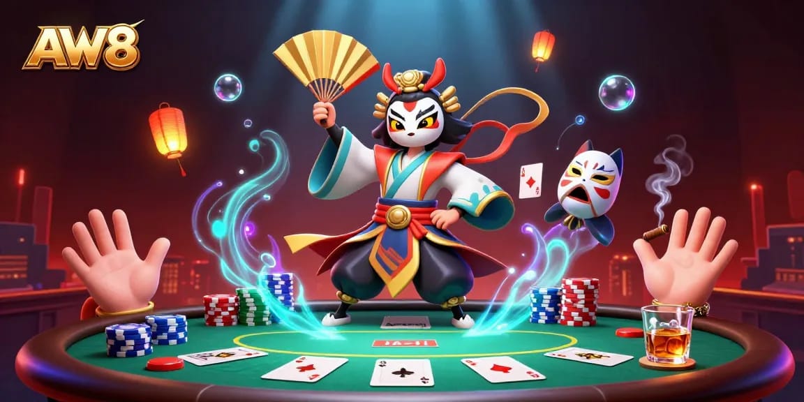 AW8 engages in a thrilling poker showdown with vibrant characters and casino elements