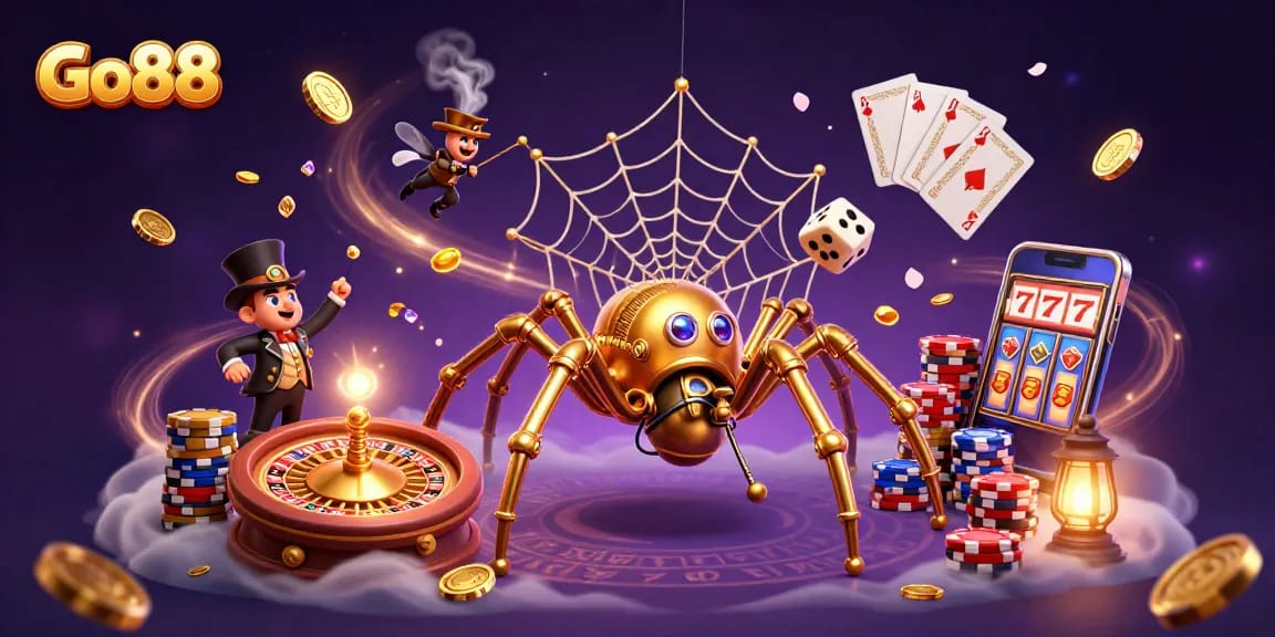 Experience thrilling gameplay at Go88, surrounded by golden coins and poker chips in an enchanting casino scene.