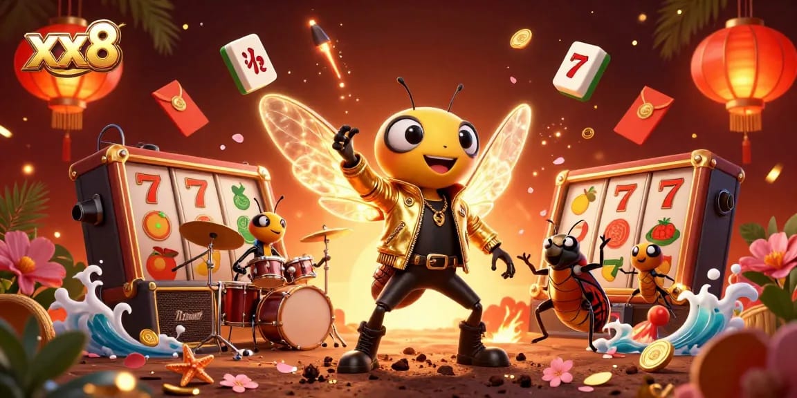 Experience the excitement of xx8 with a vibrant 3D casino-themed illustration featuring lively characters and slot elements.
