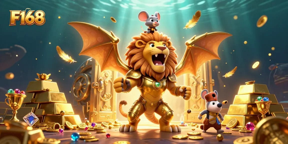 Experience exciting gameplay at F168 with a roaring chimera and treasure bursting from a vault.