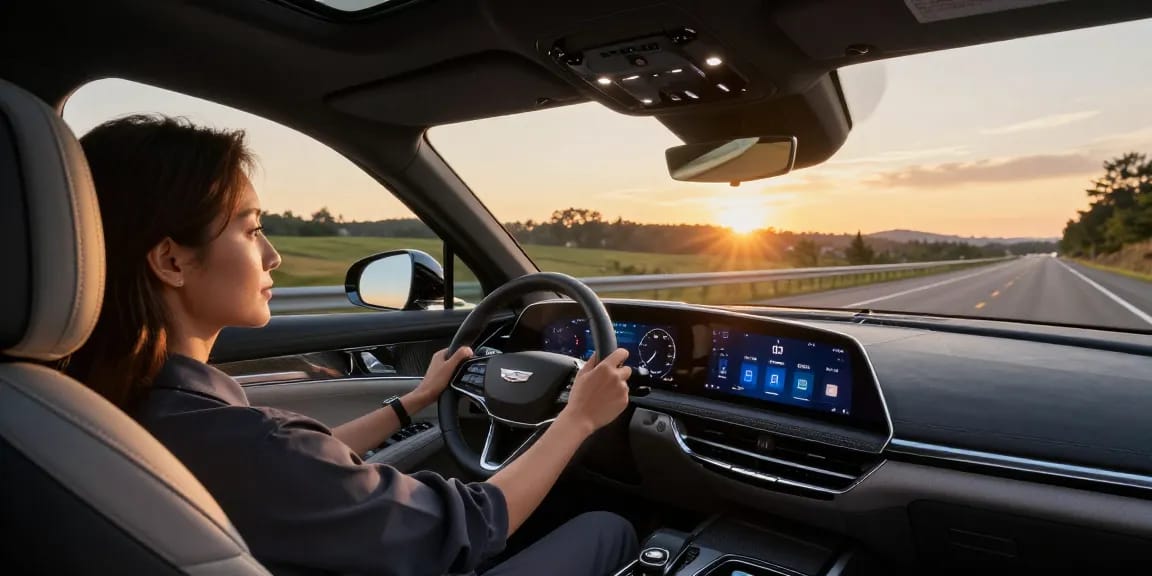 Driver in Cadillac Lyriq on a scenic highway showcases driving modes, exploring do the driving modes in cadillac lyriq offer different ranges or battery usages?