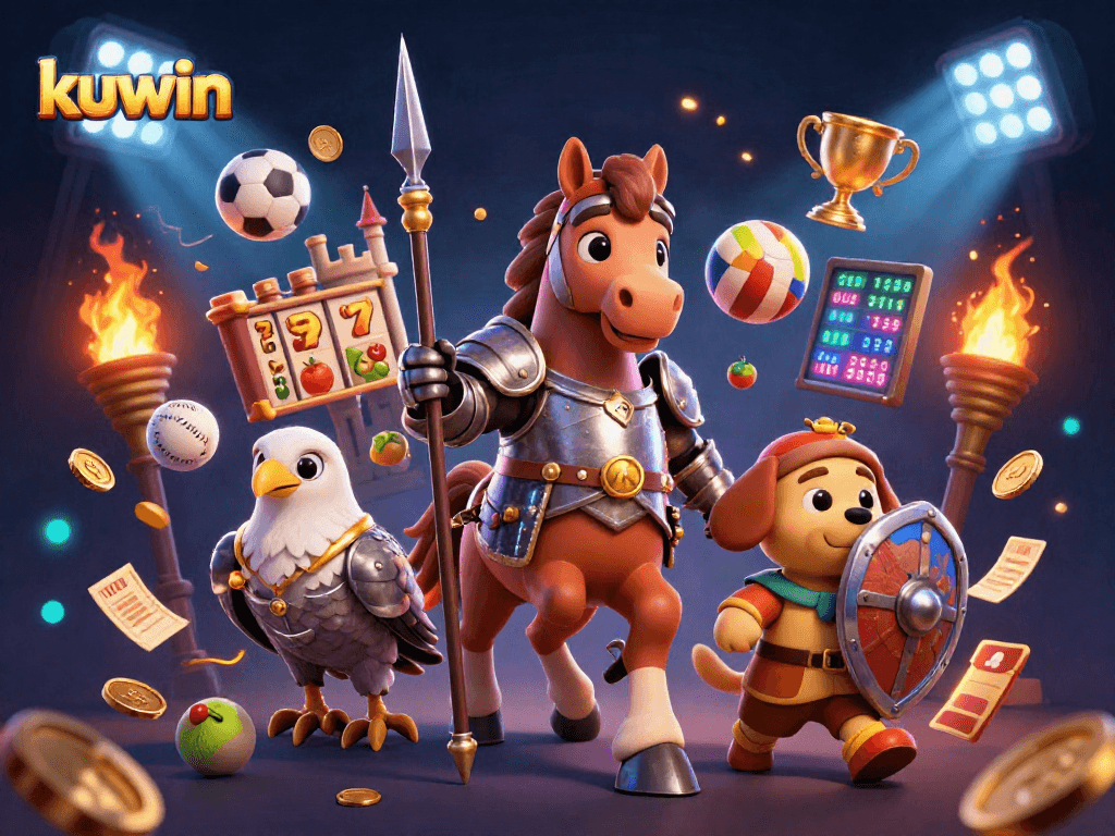 Kuwin enhances gameplay with a colorful 3D illustration featuring captivating characters and casino elements.