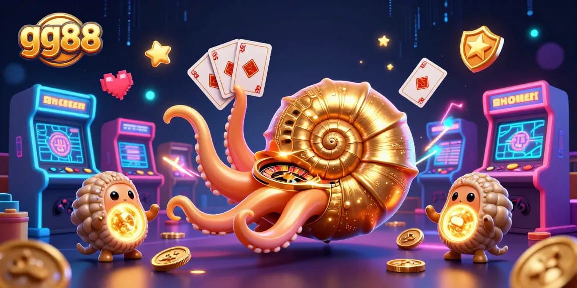 Engage with gg88's vibrant gaming experience, showcasing a giant nautilus and colorful arcade elements.