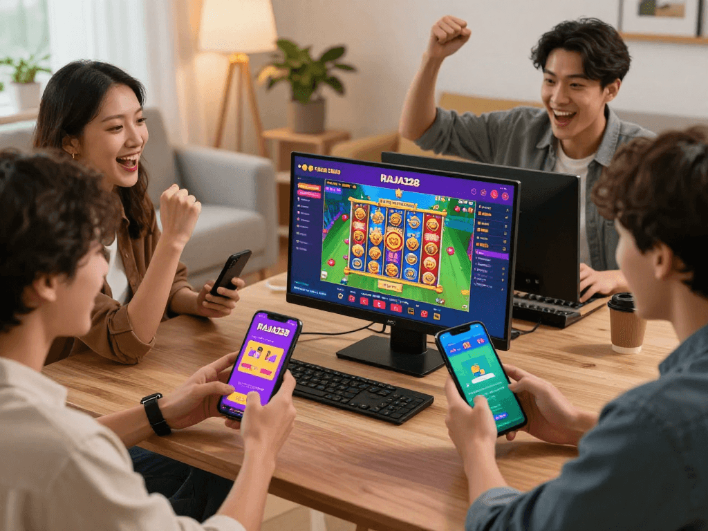 RAJA328 online betting platform experience with friends celebrating wins.