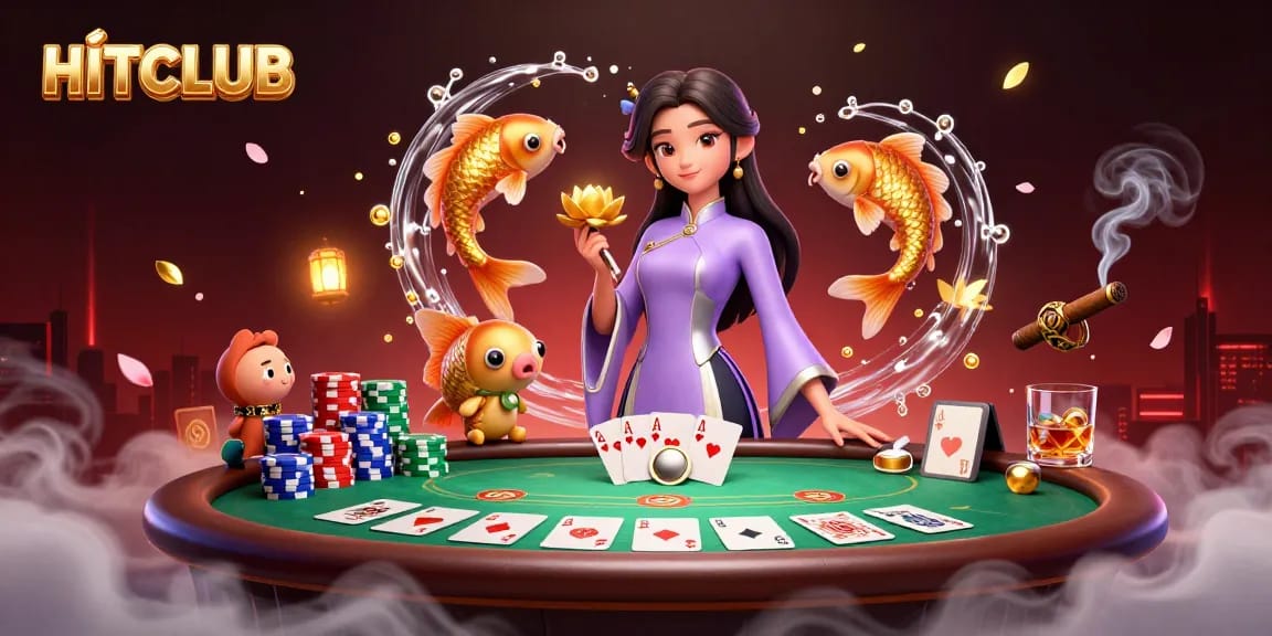 Engage in HITCLUB's gaming adventure with the captivating Asian woman and golden koi fish.