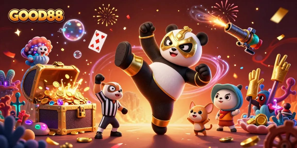 Experience exciting wins at GOOD88, witnessing a dynamic 3D casino scene with vivid characters and elements.