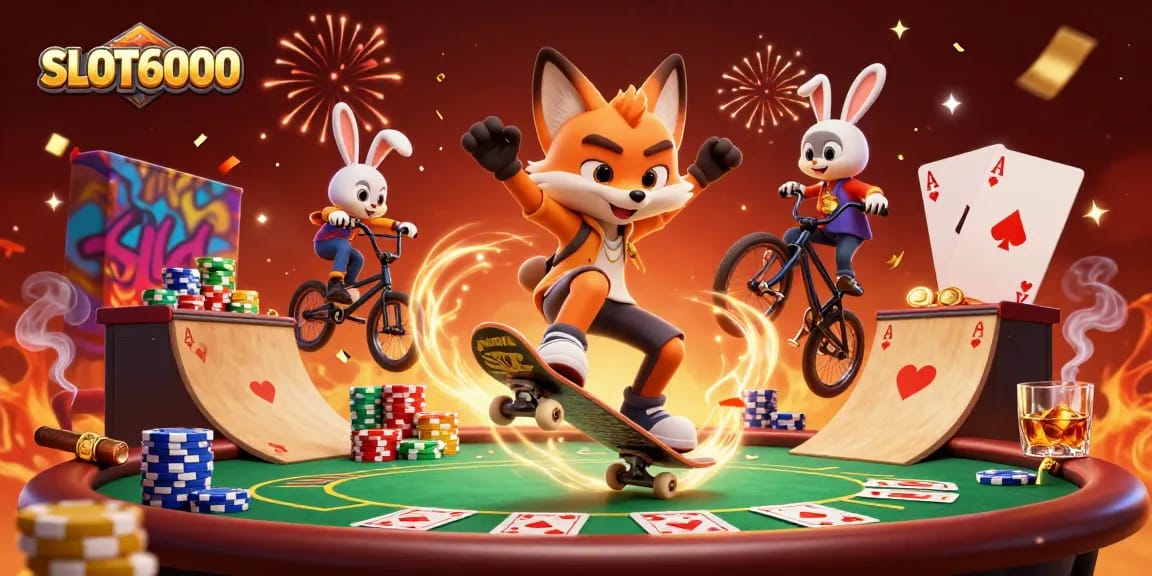 SLOT6000 showcases a vibrant casino scene with a skateboarder fox and BMX rabbit performing tricks over poker chips.