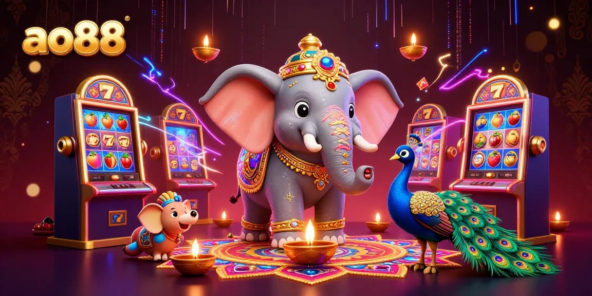 Spin the reels with ao88's colorful slot games featuring a vibrant Diwali celebration.