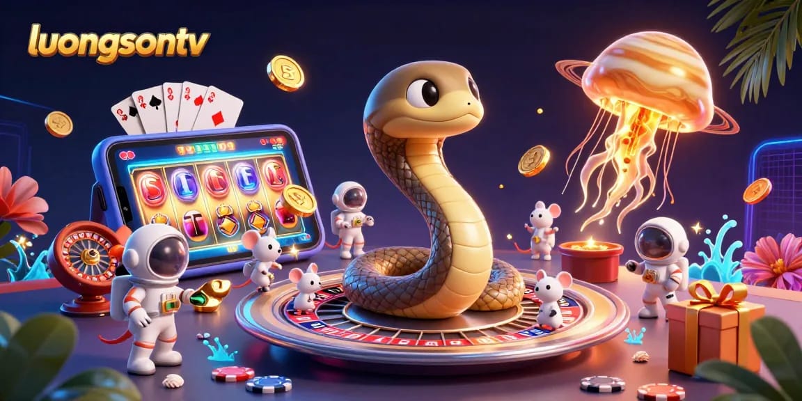 Place your bets on luongsontv with a dynamic cosmic casino scene featuring a roulette wheel and slot games.