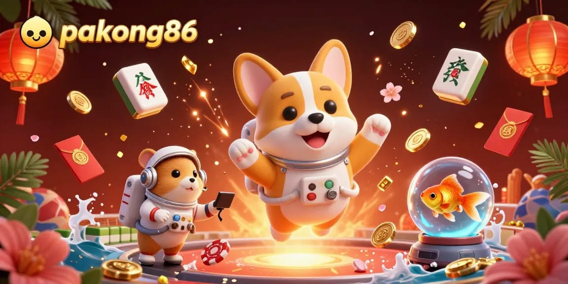 Experience thrilling gambling with pakong86 in a whimsical, vibrant casino scene filled with floating treasures.