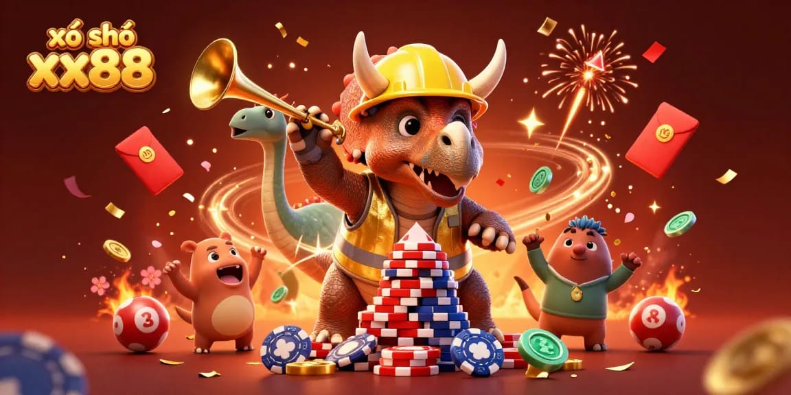 Engage with the vibrant xổ số xx88 lottery experience illustrated through festive characters and dynamic elements.