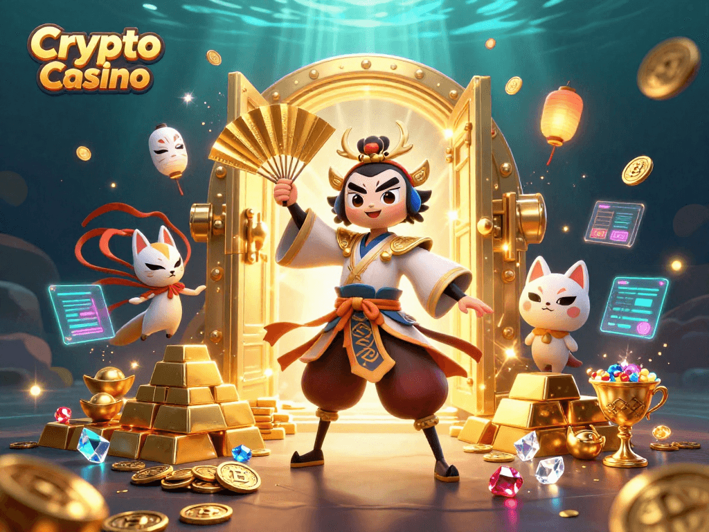 Engage in the world of Crypto Casino with a vibrant 3D illustration showcasing kabuki warriors and treasures.