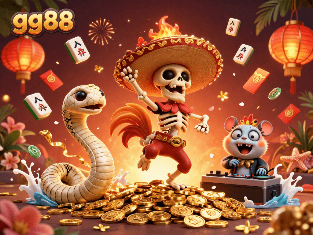 Experience the vibrant world of gg88 as a skeleton rooster celebrates on golden coins at a lively casino scene.