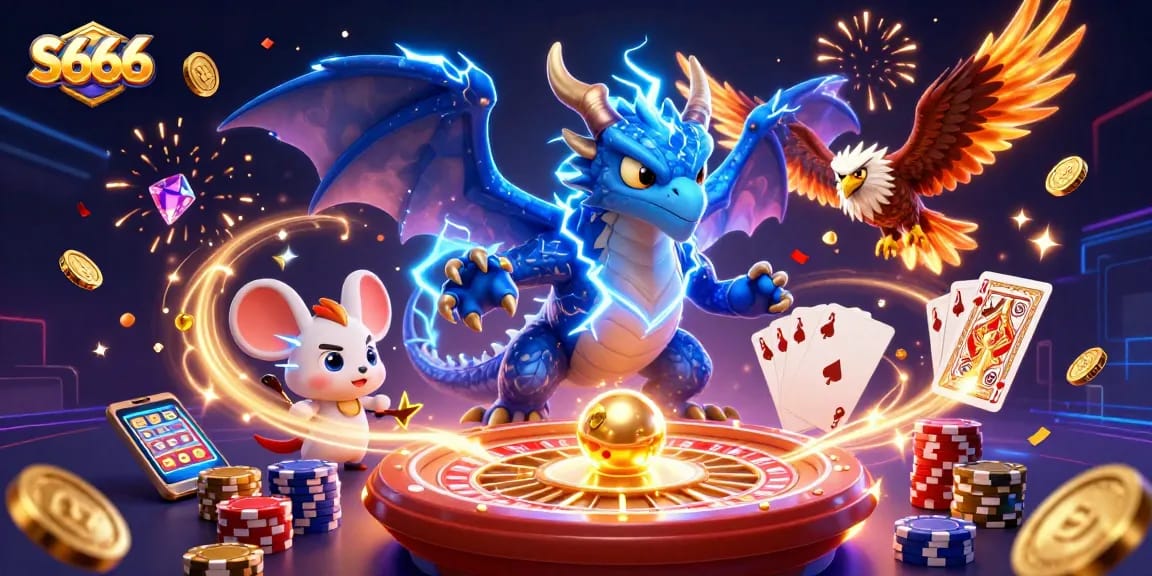 S666 showcases a dynamic 3D illustration of a thunder dragon and hawk with casino elements for an exciting gaming experience.