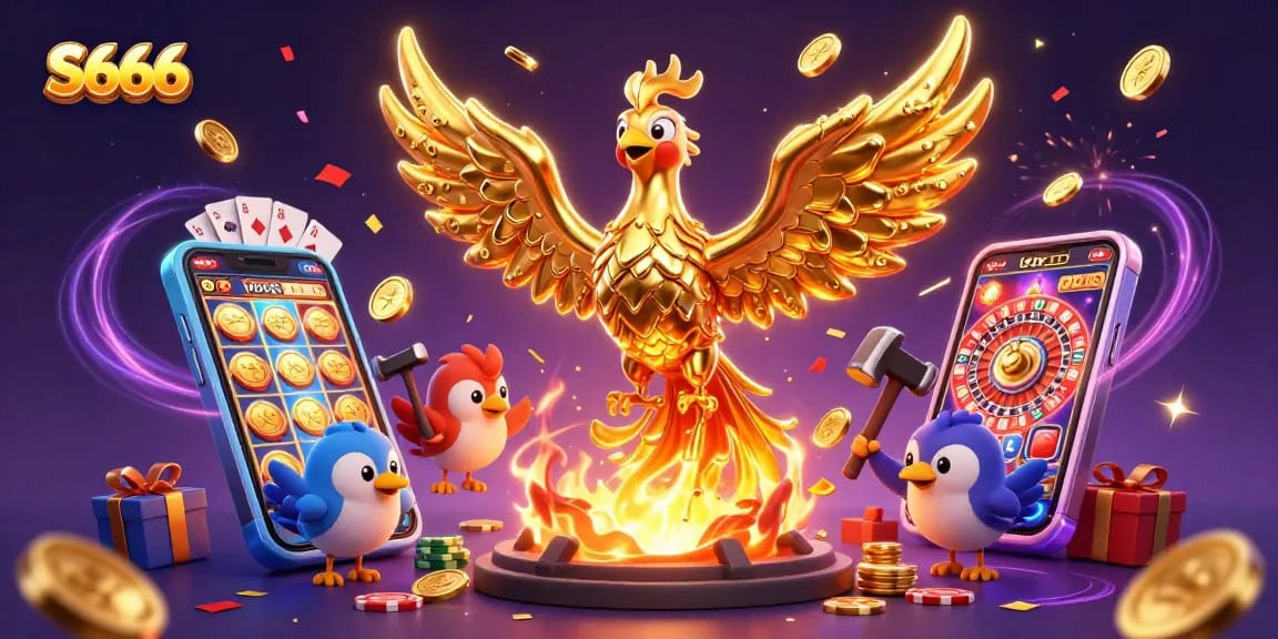 S666 jackpots soar as the phoenix unleashes golden coins amidst an exciting casino backdrop.