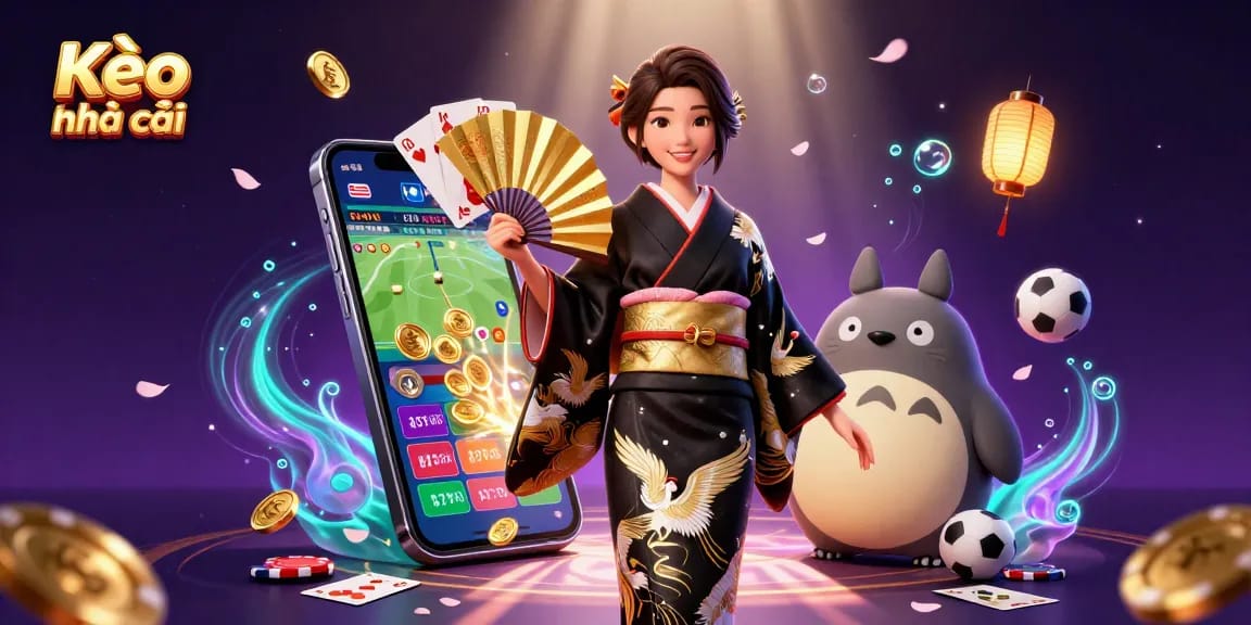 Kèo nhà cái showcases an elegant Asian woman and a wise tanuki immersed in a dynamic sports betting scene with vibrant elements.