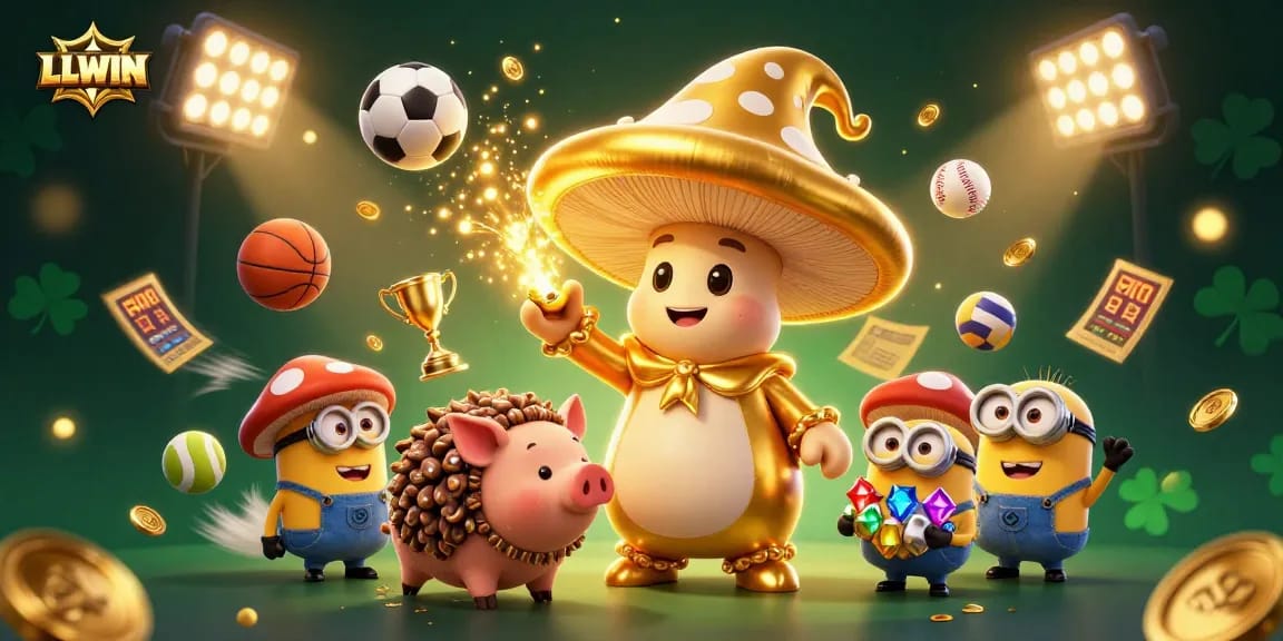 Experience LLWIN's captivating online atmosphere with golden elements and dynamic sports betting action.