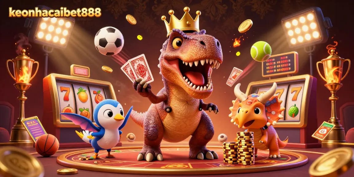 Engage with keonhacaibet888 as a T-Rex shuffles cards in a vibrant casino scene.