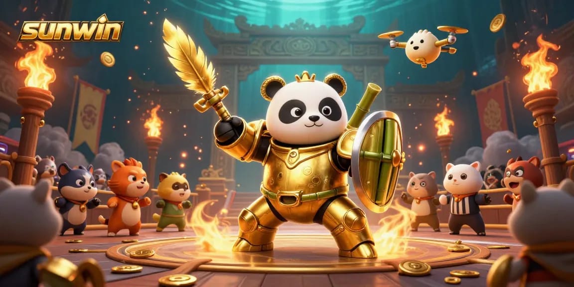 Engage with sunwin's thrilling gaming environment featuring animated golden panda and robot duel.