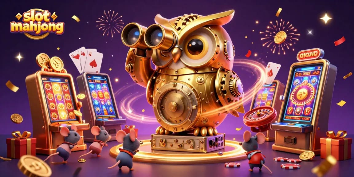 Engage with the thrilling slot mahjong game as a golden owl observes a vibrant casino scene filled with animated elements.