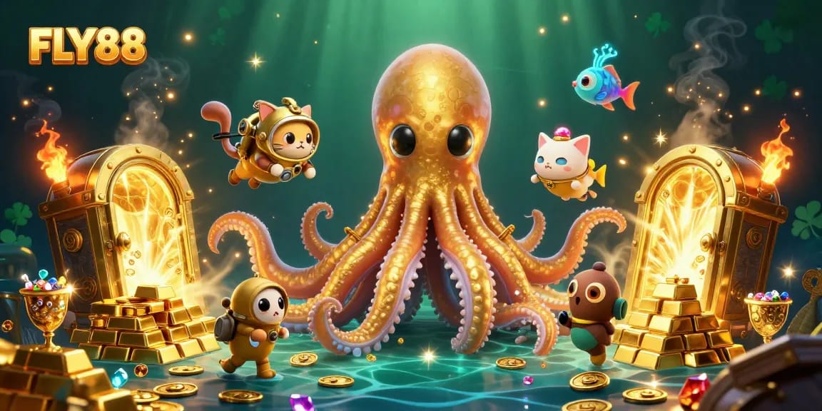 Unleash thrilling adventures with FLY88, where a massive kraken and a vintage diving cat explore underwater riches!
