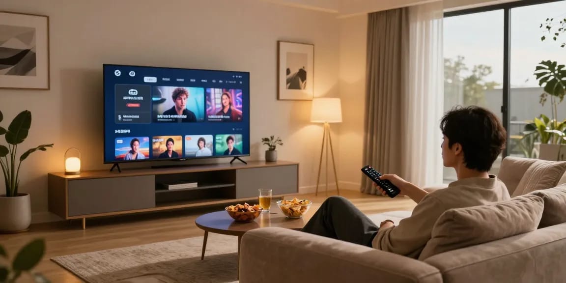 Home entertainment setup showcasing https://av66th.com/ with a person watching adult films in a stylish lounge.