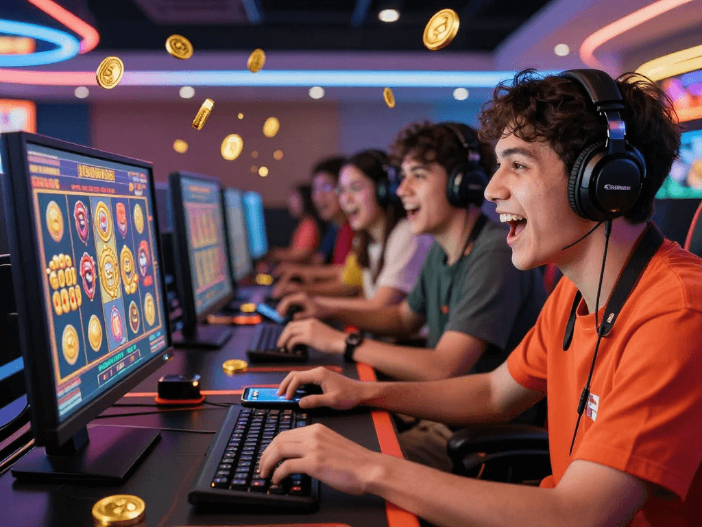 Excited players celebrating wins on slot gacor games in an online casino.
