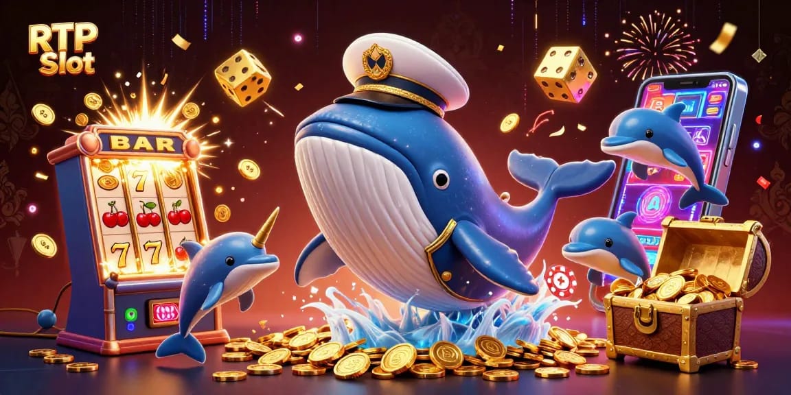 Engage with RTP Slot through thrilling gameplay as a whale and dolphins animate a vibrant casino world.