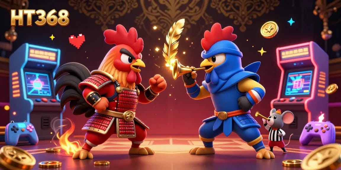 HT368 elevates gaming excitement with twin roosters in combat and vibrant arcade elements.