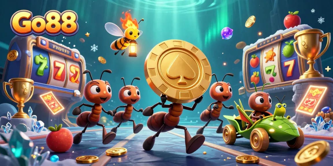 Engage with Go88 as ants carry a giant poker chip through a colorful casino scene.