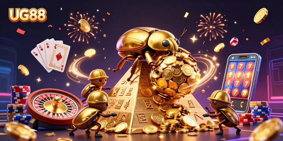 Experience the excitement of UG88 with golden coins and casino symbols in a dynamic 3D casino scene.