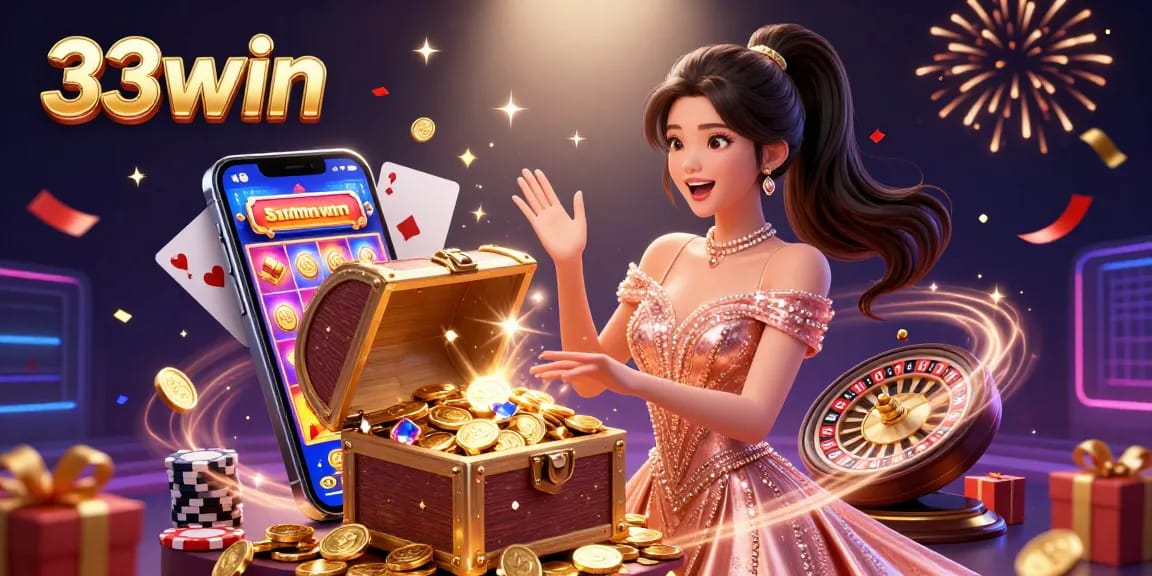 Engage with the excitement of 33win as a joyful Asian woman presents treasures, highlighting online gambling thrills.