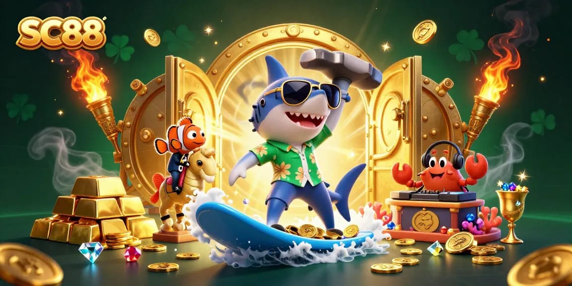 Experience thrilling gameplay with SC88 featuring vibrant 3D characters amidst gold coins and treasures.