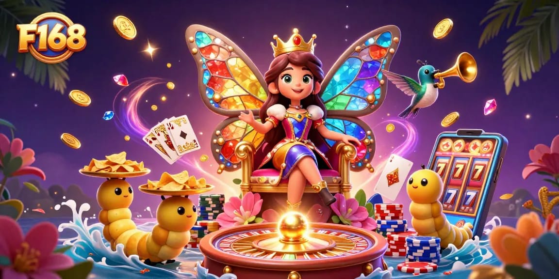 Experience exhilarating F168 gaming moments with colorful 3D elements and vibrant casino decor.