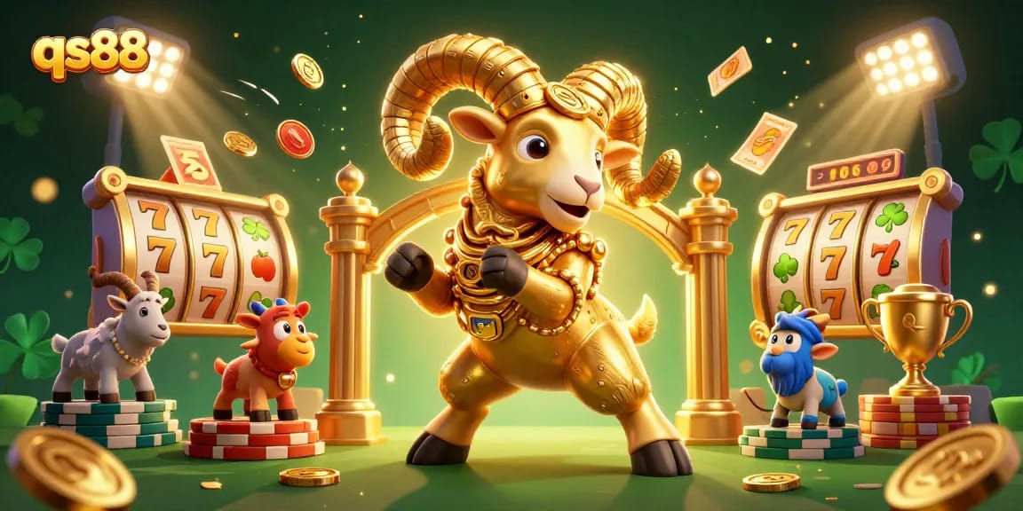 qs88 slots and casino promotion with a massive golden ram charging through golden gates surrounded by festive gaming elements