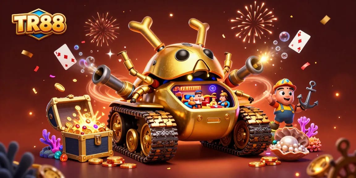Experience the excitement of TR88's gaming adventures inside their unique golden beetle casino tank.