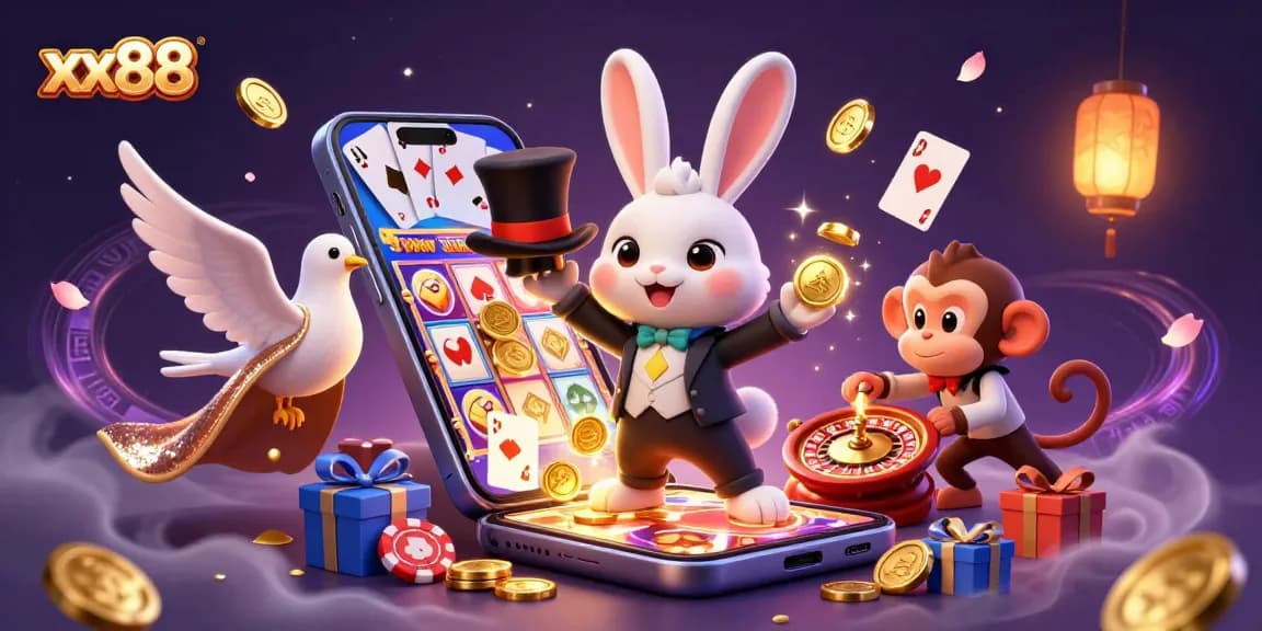 Engage with xx88 in a vibrant casino scene featuring a magician rabbit, golden coins, and dynamic gaming elements.