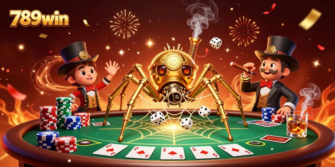 Win big at 789win with a steampunk-inspired gaming scene, featuring poker elements.