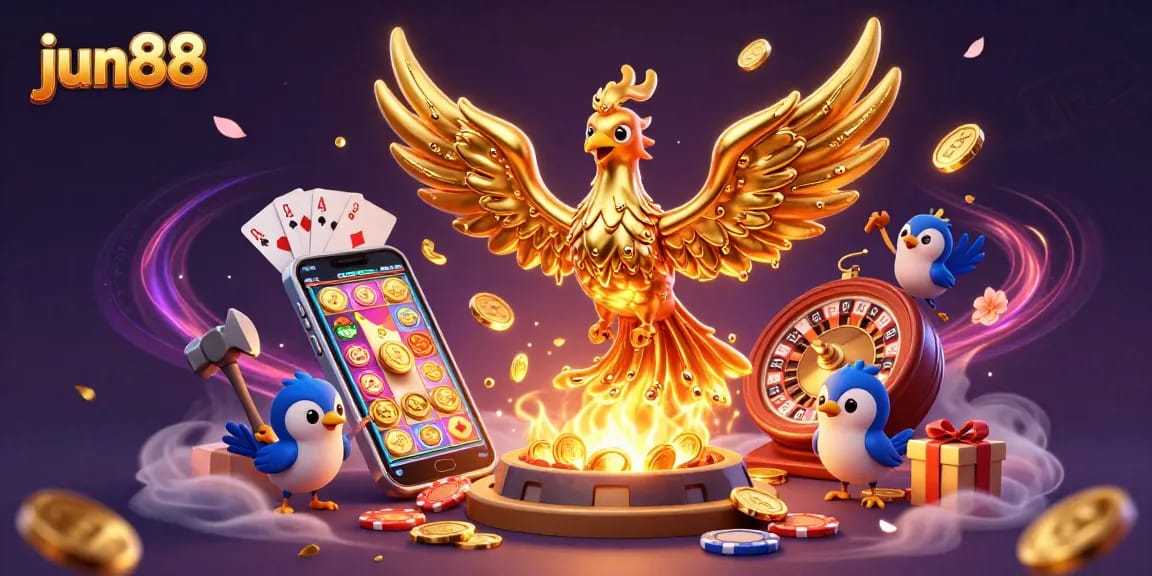 jun88's golden phoenix takes flight amid a vibrant casino scene filled with dynamic gaming elements.