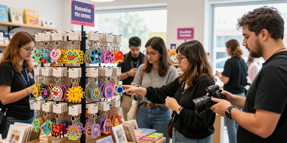 Engaging shopping experience featuring custom keychains in a vibrant retail setting.