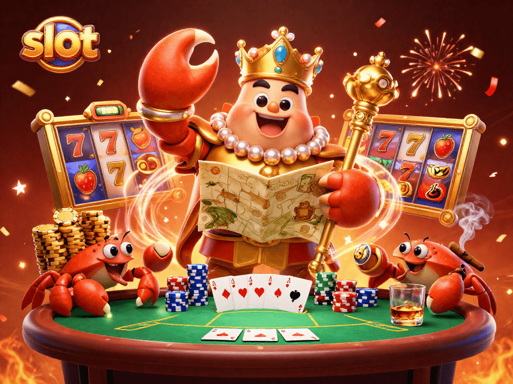 Spin the reels at a vibrant slot scene featuring a golden crab emperor and treasures.