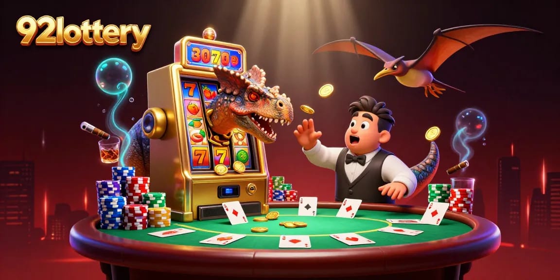 92lottery jackpot scene with a pachycephalosaurus and casino elements in colorful 3D