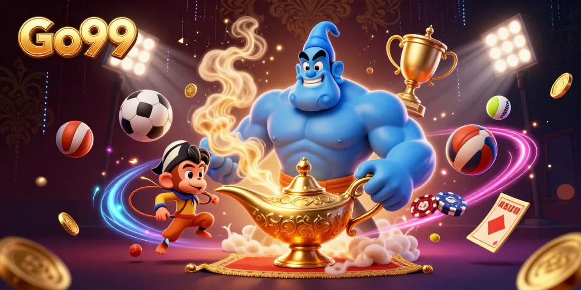 Engage with Go99 in a dynamic 3D casino scene featuring the blue genie, poker chips, and sports elements.