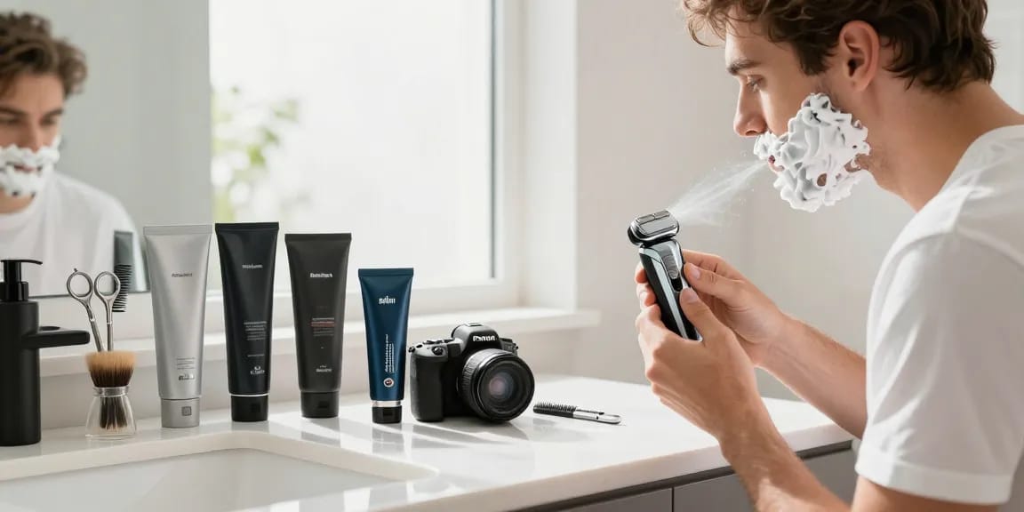 rokok88 alternatif showcases trendy electric shavers and grooming tools in a bright bathroom environment.