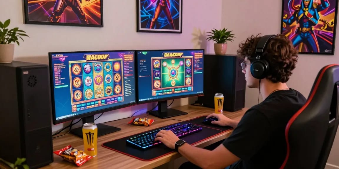 Engaging slot gacor gaming scene with vibrant graphics and player at a modern desk.