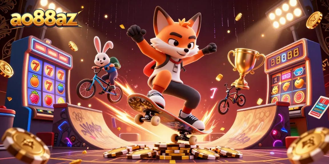 Experience thrilling gameplay at ao88az as a fox skateboards over poker chips surrounded by dynamic casino elements.