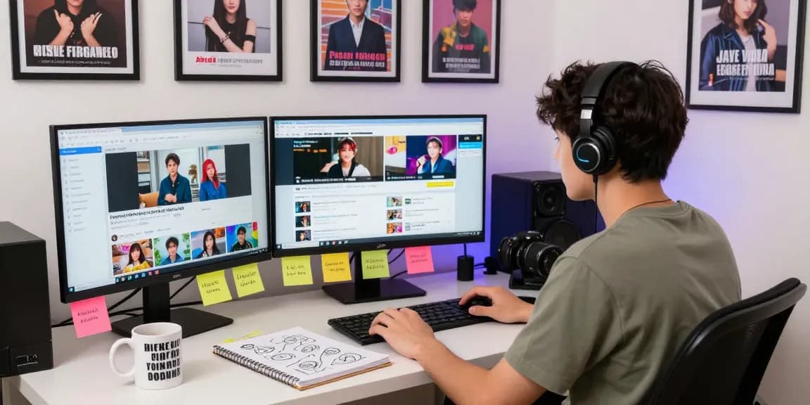 Bokep viral Indonesia content creator at a vibrant blogging workspace surrounded by trending video analytics.